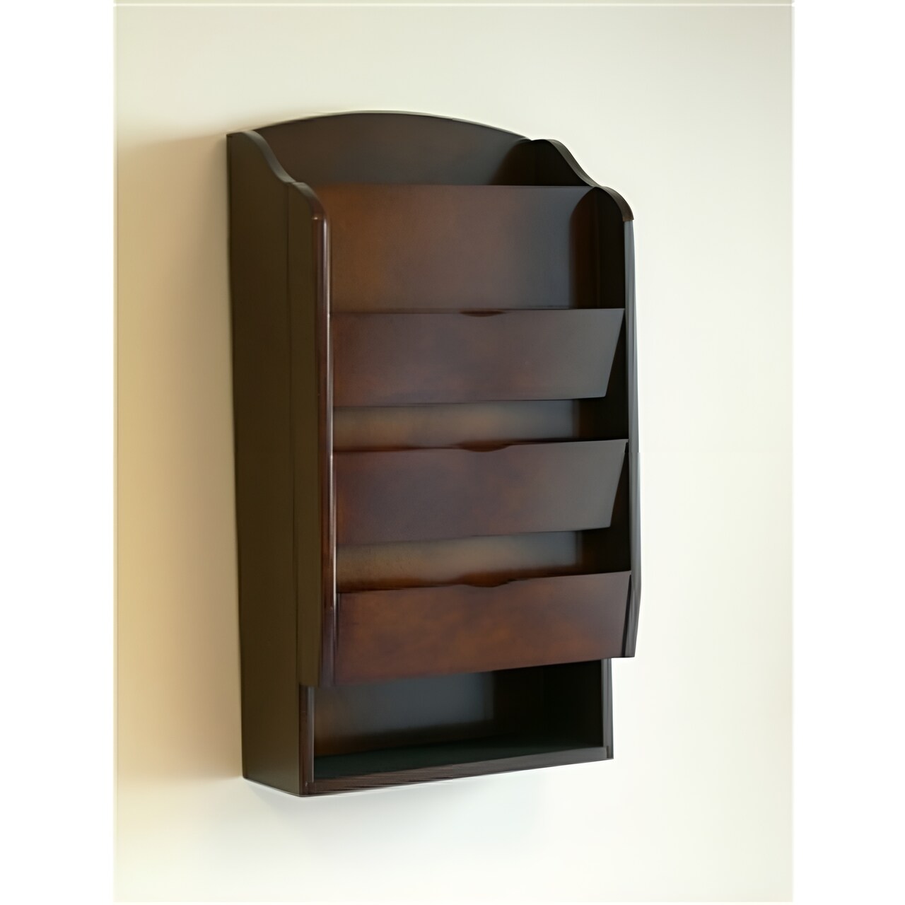 Dark Walnut Wall Mount Mail Organizer with Key Hooks and Adjustable Shelf